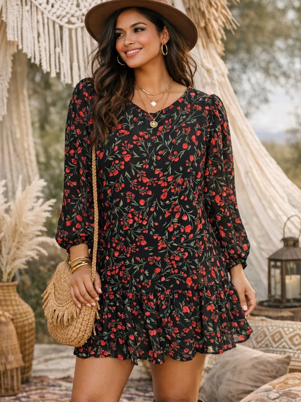 🌹Calvin Klein Black Feminine Drop Waist Dress with Red Floral Print 6